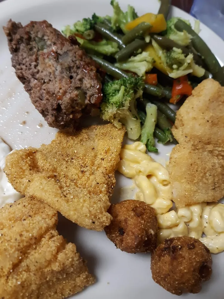 Fried Catfish Meatloaf and Steamed Veggies